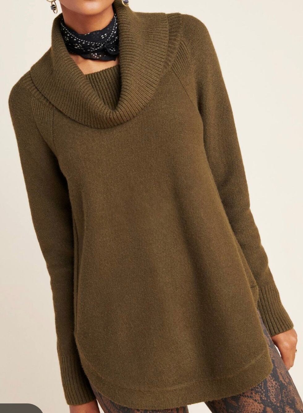 Anthropologie Olive Green Cowl Neck Sweater Women Small Curved Hem Long Sleeve